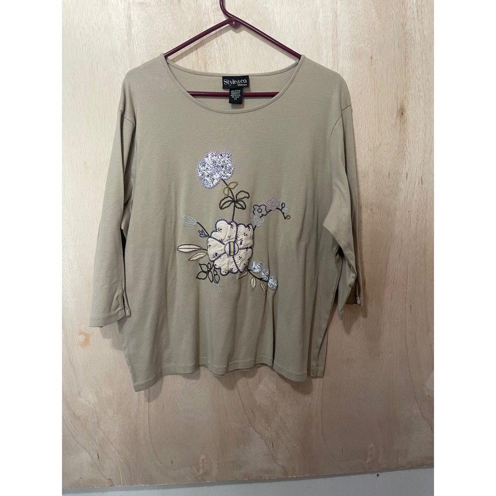 Style & Co Woman tan Floral Embroidered quilt prices 3/4 Sleeve Cotton Top 2X